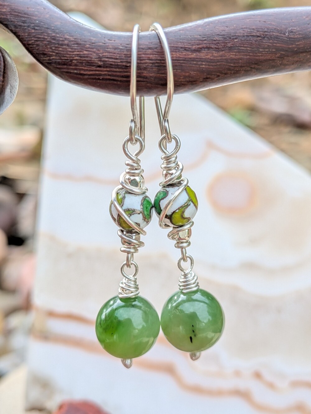 Artisan Jade Earrings-Natural Gemstone and Vintage Cloisonne In Sterling Silver - Picture 5 of 14